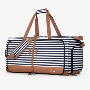 NWT in bag Striped Blue and Brown Duffel Bag with shoe compartment 80L overnight